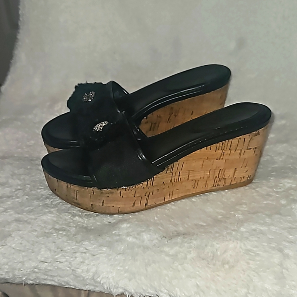 COACH Jazmin Black Leather Canves Cork Platform Wedge Sandal Size 8B